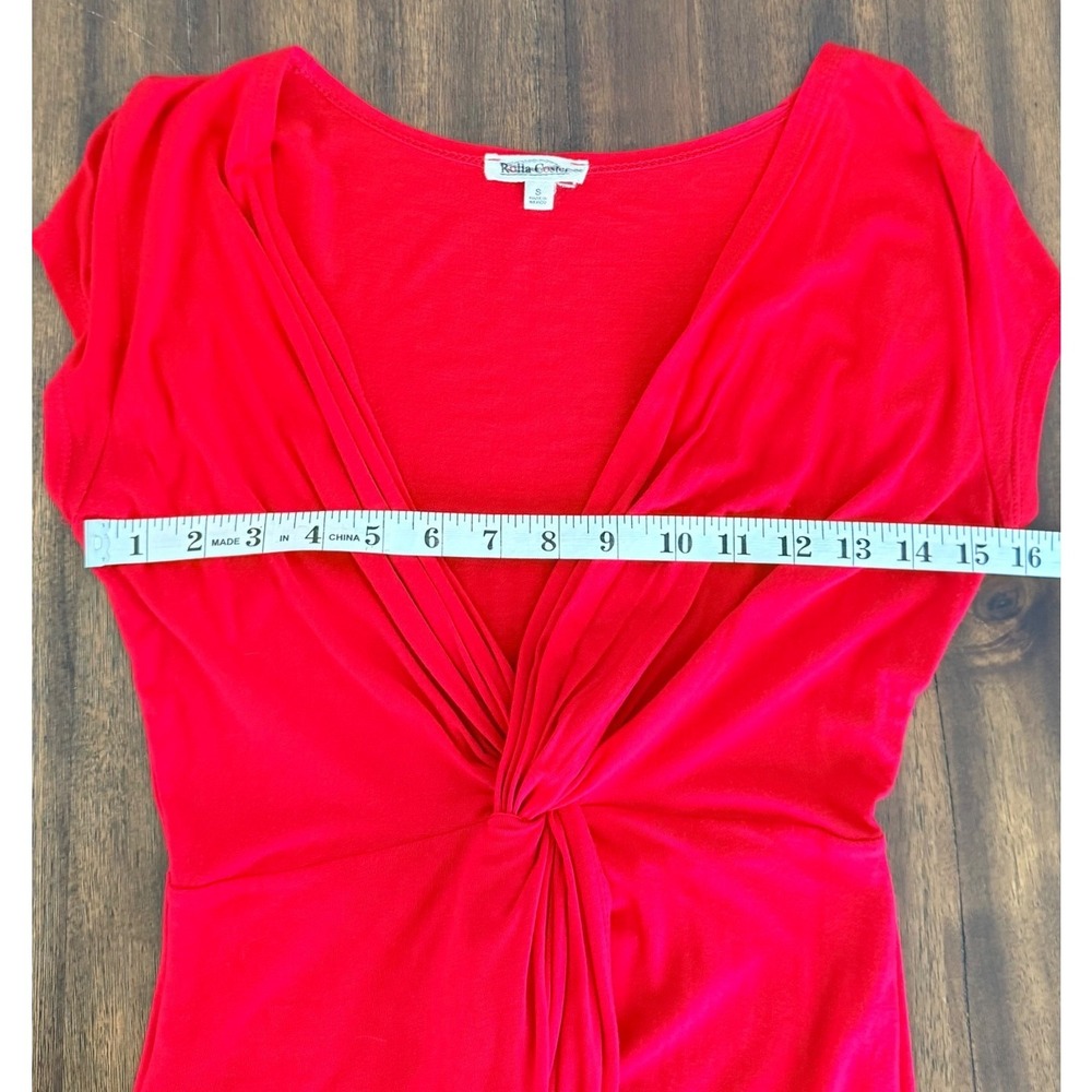 Rolla Coster Red Twist Front Deep V-Neck Midi Dress Small Cap Sleeve Tulip Hem - Picture 7 of 10